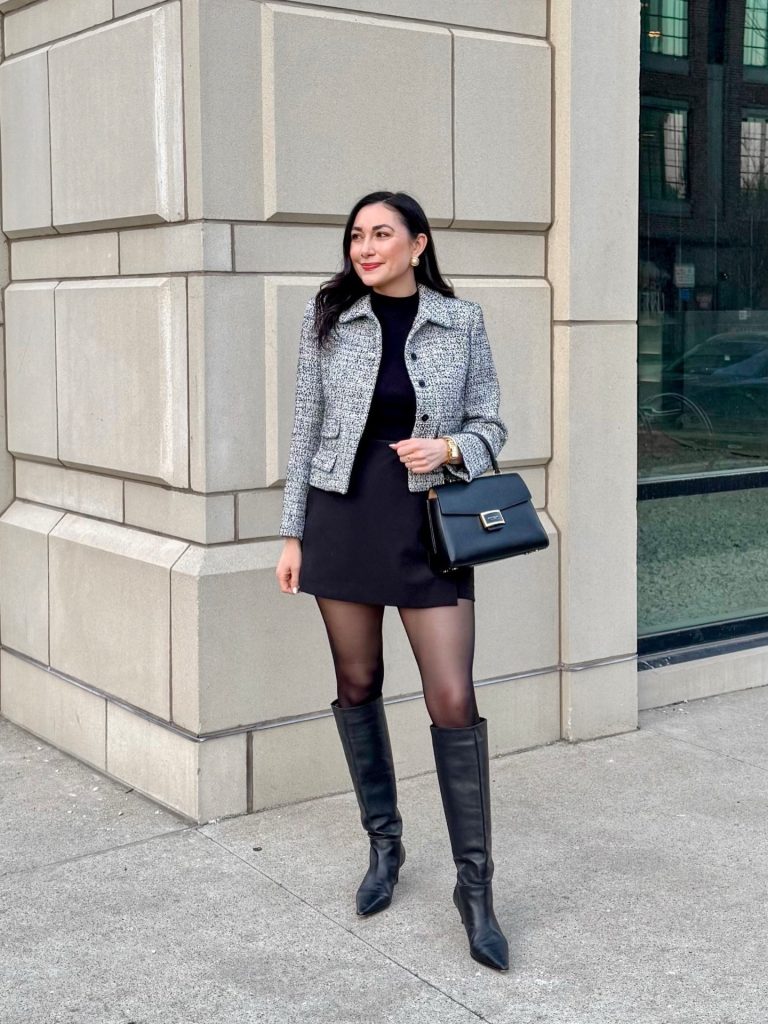 Tweed Texture, Black Layers: A Refined Outfit for Everyday Plans