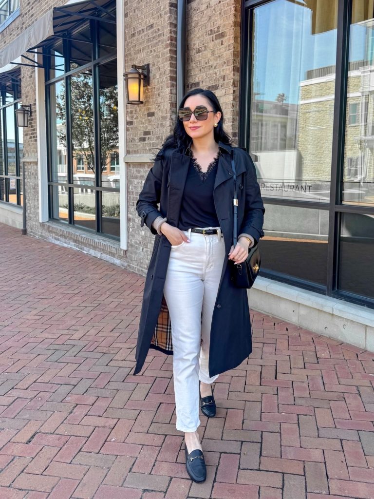 Black Trench, White Denim: A Clean Contrast for the City